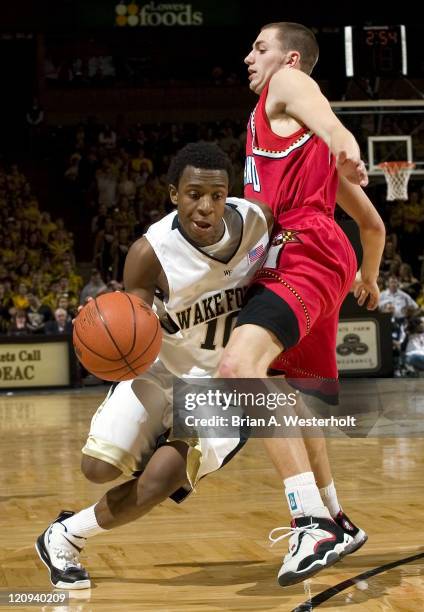 Wake Forest's Ishmael Smith tries to drive around Maryland's Eric Hayes during second half action at the LJVM Coliseum in Winston-Salem, NC,...