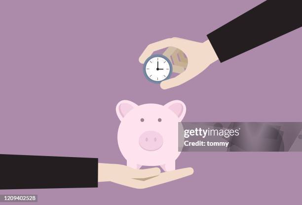 businessman putting a clock into a piggy bank - time is money stock illustrations