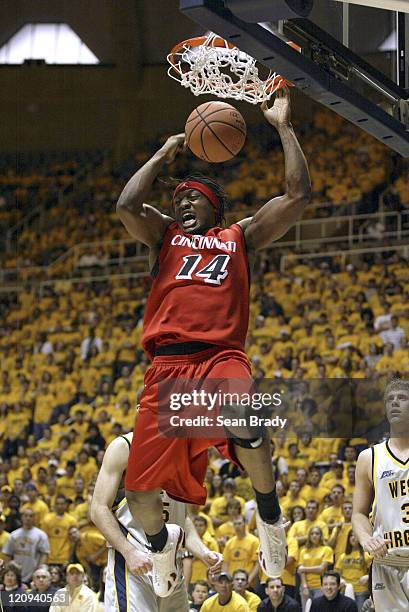 Cincinnati's Eric Hicks reacts after slamming during action against West Virginia at the WVU Coliseum on February 4, 2006 in Morgantown, West...