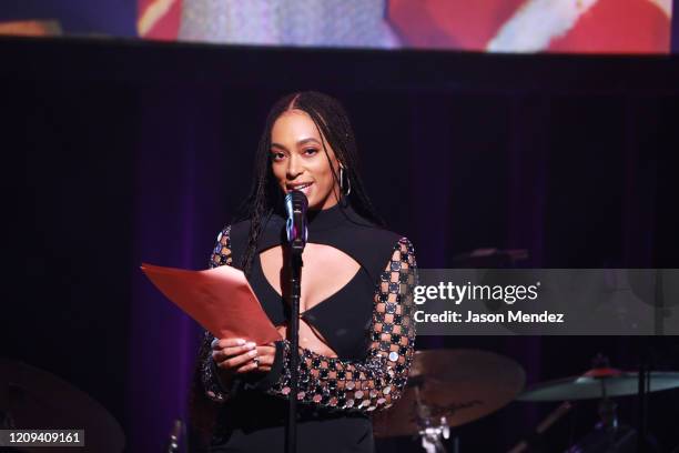 Solange Knowles speaks onstage at the Lena Horne Prize Event Honoring Solange Knowles Presented by Salesforce at the Town Hall on February 28, 2020...
