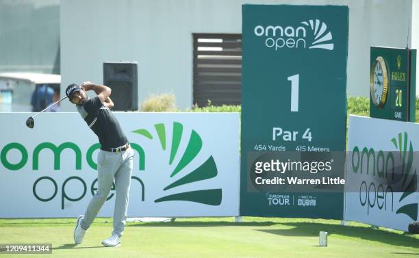 Clement Sordet of France tees off on the first hole during the third round of the Oman Open at Al Mouj Golf on February 29, 2020 in Muscat, Oman.