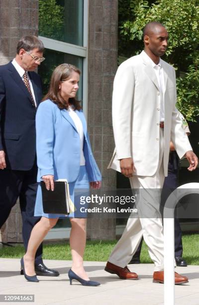 Kobe Bryant leaves the Eagle County Courthouse with his attorney Hal Haddon and lead attorney Pamela Mackey following his advisement hearing. Bryant...