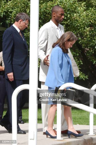 Kobe Bryant leaves the Eagle County Courthouse with his attorney Hal Haddon and lead attorney Pamela Mackey following his advisement hearing. Bryant...