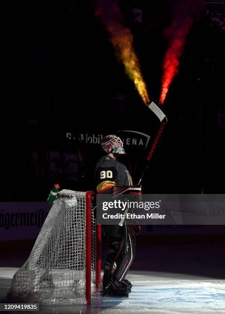 Robin Lehner of the Vegas Golden Knights is introduced before playing his first game for the Golden Knights against the Buffalo Sabres at T-Mobile...