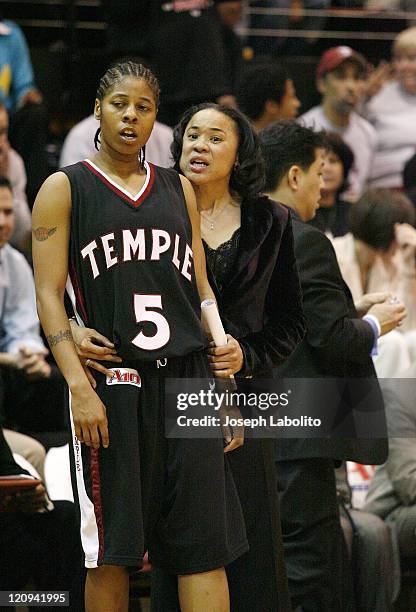 Head coach Dawn Staley cuts down the nets on her third consecutive A-10 title. The Temple Lady Owls defeated the George Washington Colonials 59 to 54...