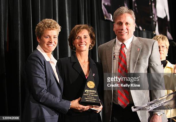 Seen here with WBCA CEO Beth Bass and WBCA President Doug Bruno, Duke Head Coach Gail Goestenkors is presented with the WBCA Russell Athletic Coach...