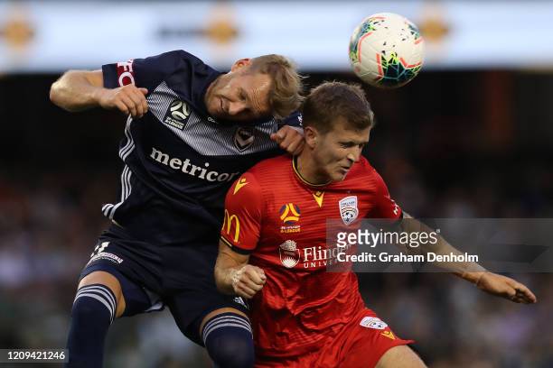 Ola Toivonen of the Victory heads the ball during the round 21 A-League match between the Melbourne Victory and Adelaide United at Marvel Stadium on...