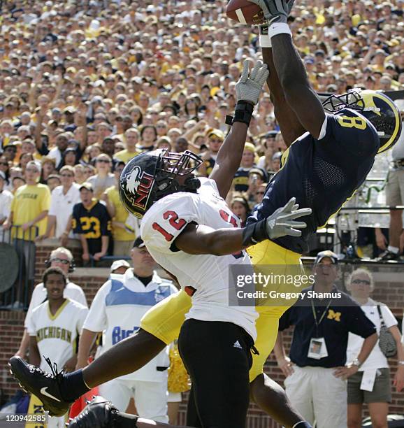 University of Michigans Jason Avant catches a first quarter touchdown against Northern Illinois Adriel Hansbro at Michigan Stadium on September 3,...