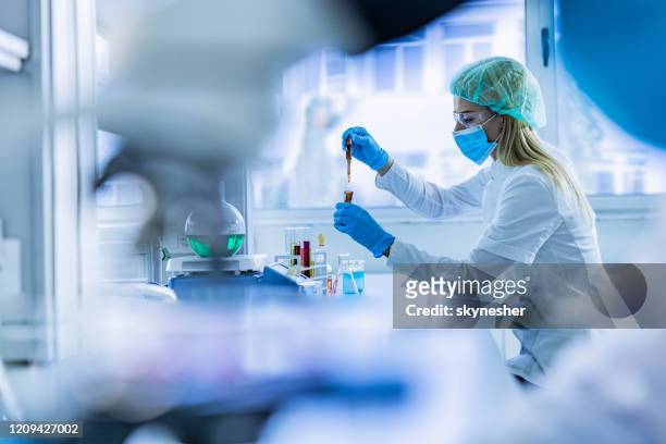 female scientist examining toxic liquid in laboratory. - chemistry stock pictures, royalty-free photos & images