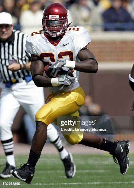 Minnesota's Laurence Maroney looks for running room during a game against Michigan at Michigan Stadium on October 8, 2005 in Ann Arbor, Michigan....