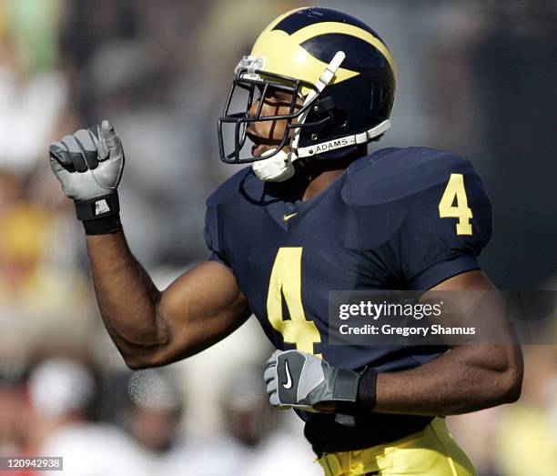 University of Michigans Darnell Hood celebrates a teammates recovery of a second quarter fumble against Northern Illinois at Michigan Stadium on...