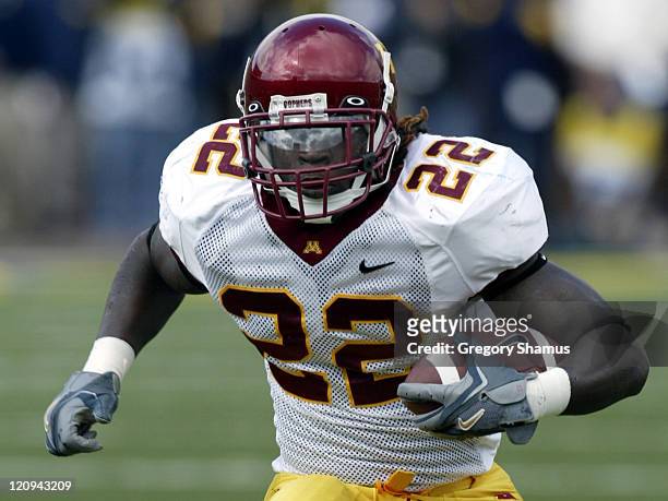 Minnesota's Laurence Maroney looks for running room during a game against Michigan at Michigan Stadium on October 8, 2005 in Ann Arbor, Michigan....