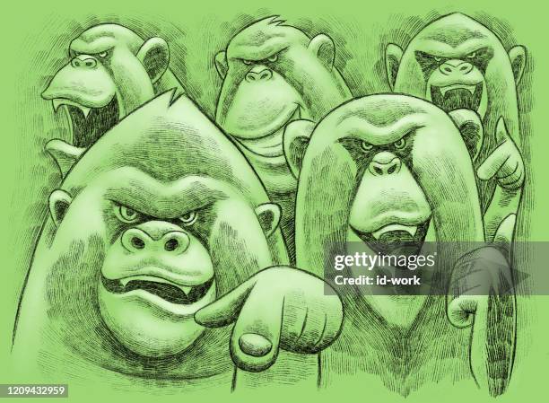 gorilla und schimpansen treffen sich - menschenaffe stock-grafiken, -clipart, -cartoons und -symbole