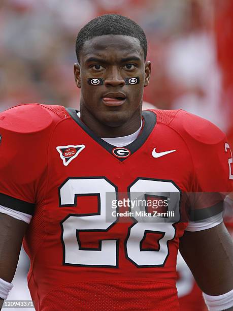 Georgia RB Danny Ware takes a breather before the game between the University of Georgia Bulldogs and University of Alabama-Birmingham Blazers at...