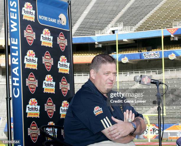 Notre Dame head coach Charlie Weis answers questions during Fiesta Bowl Media Day at Sun Devil Stadium in Tempe, AZ on November 30, 2005. The Irish...