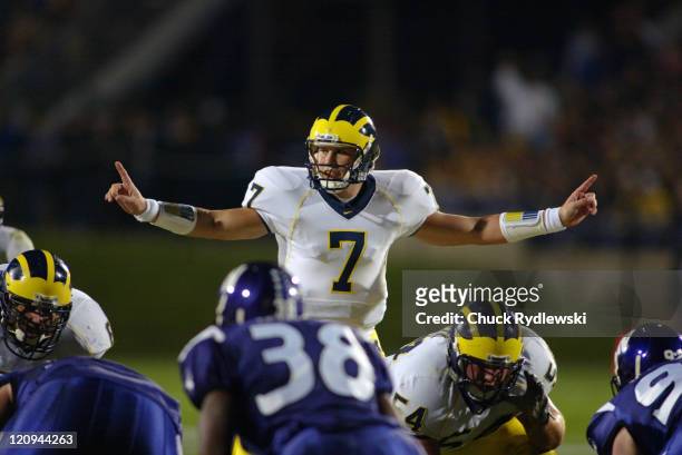 University of Michigan Wolverines' QB, Chad Henne, sets his offense during their game against the Northwestern University Wildcats at Ryan Field in...