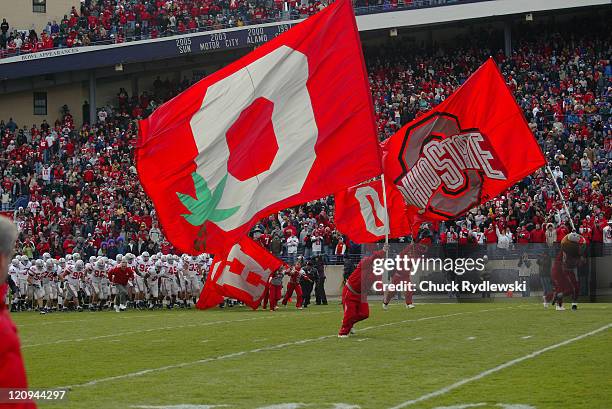 The Ohio State Buckeyes charge onto the field for their game against the Northwestern Wildcats at Ryan Field in Evanston, Illinois November 11, 2006....