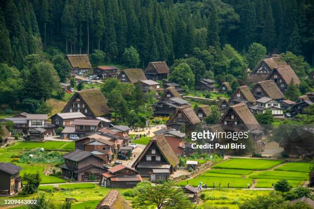 an aerial view of the shirakawago village, ogimachi gassho style houses, japan - toyama prefecture stock-fotos und bilder