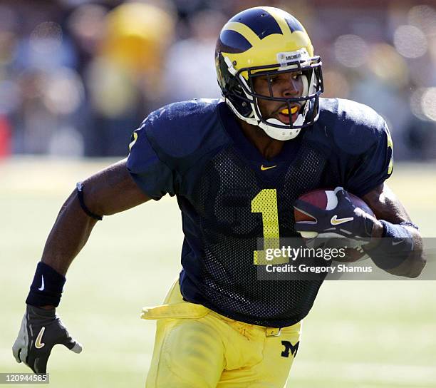 University of Michigans Braylon Edwards runs after a pass reception during second quarter action against Minnesota at Michigan Stadium on October 9,...