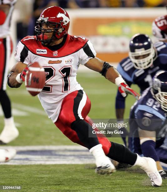 Calgary Stampeders Running Back Joffrey Reynolds runs for a big gain during a game against Toronto at Rogers Centre in Toronto, Canada on August 24,...