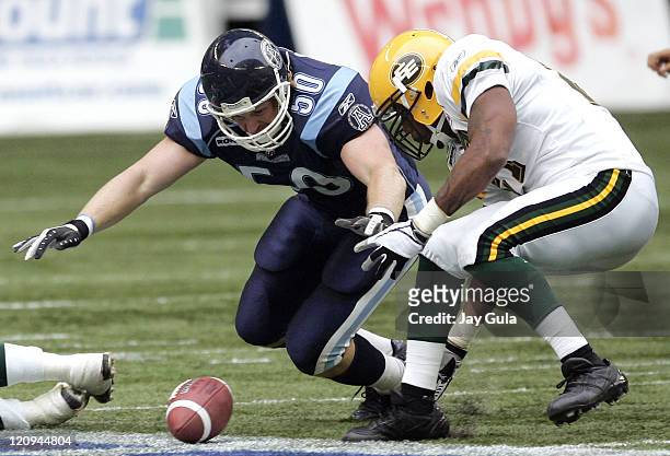 Toronto Mike O'Shea and Edmonton's Singor Mobley scramble for a loose ball in CFL action at Rogers Centre in Toronto. October 10, 2005