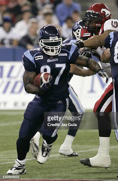 Ricky Williams carried the ball 6 times for 34 rushing yards and 1 TD vs the Calgary Stampeders in CFL action at Rogers Centre in Toronto, Canada....