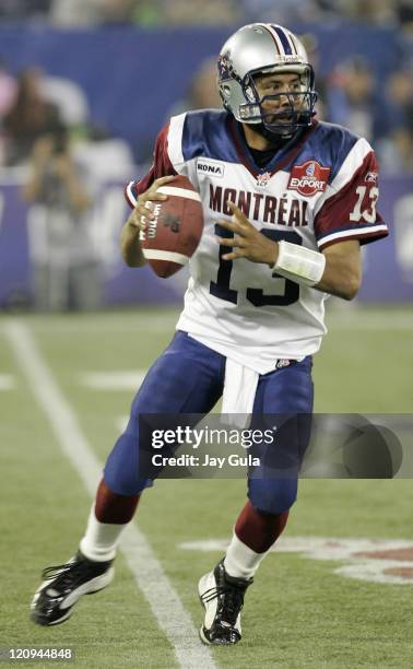 Quarterback Anthony Calvillo of the Montreal Alouettes in action vs the Toronto Argonauts in Canadian Football League action at Rogers Centre in...