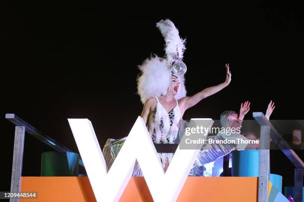 Alyssa Edwards celebrates during the 2020 Sydney Gay & Lesbian Mardi Gras Parade on February 29, 2020 in Sydney, Australia. The Sydney Mardi Gras...