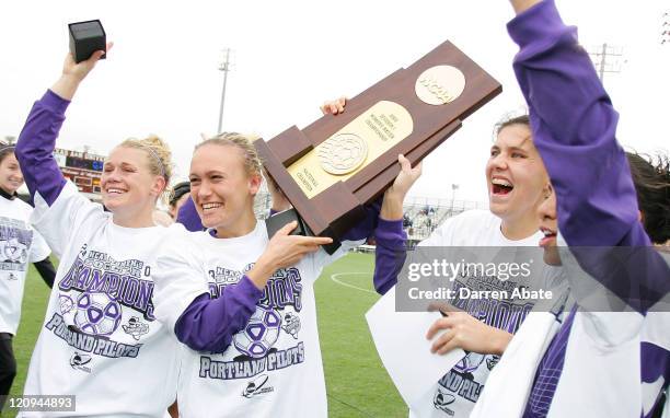 Portland players Kelsy Hollenbeck , Colleen Salisbury , Christine Sinclair , and Lindsey Huie celebrate their win after the 2005 NCAA Women's College...