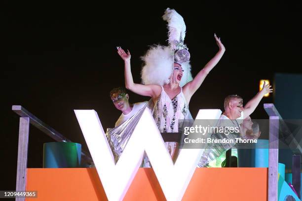 Alyssa Edwards celebrates during the 2020 Sydney Gay & Lesbian Mardi Gras Parade on February 29, 2020 in Sydney, Australia. The Sydney Mardi Gras...