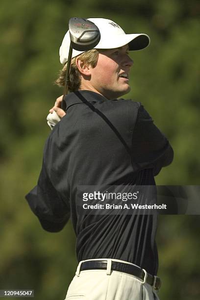 Wake Forest freshman Webb Simpson watches the flight of his tee shot on the par-5 4th hole during second round action at the 2005 ACC Men's Golf...
