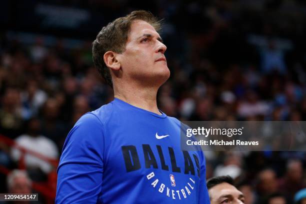 Owner Mark Cuban of the Dallas Mavericks reacts against the Miami Heat during the second half at American Airlines Arena on February 28, 2020 in...