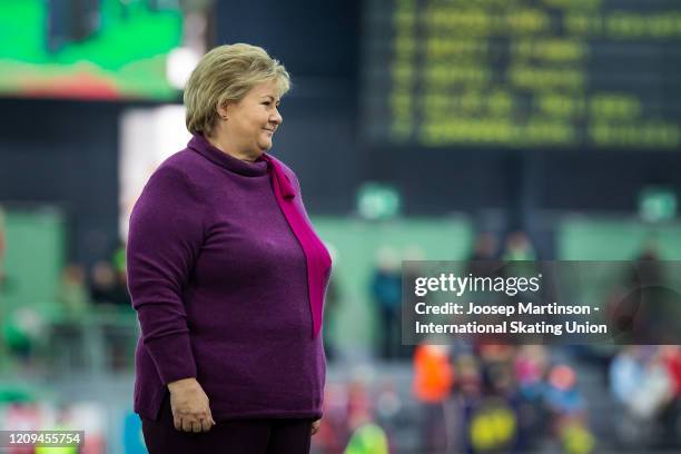 Prime minister of Norway, Erna Solberg hands the medals in the Ladies 500m Allround prize ceremony during the Combined ISU World Sprint & World...
