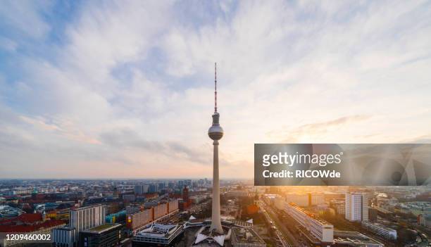 aerial view of berlin skyline with frehnsehturm tv tower, berlin, germany - berlin fernsehturm stock-fotos und bilder