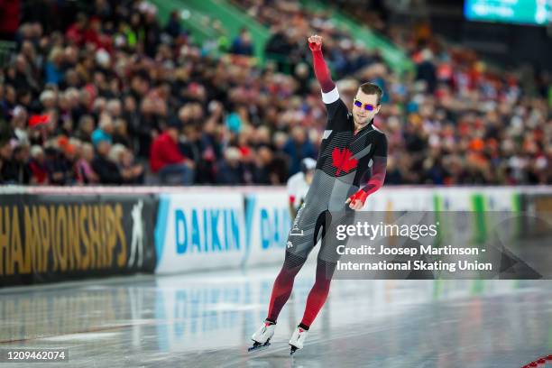 Laurent Dubreuil of Canada reacts in the 2nd Men's 1000m Sprint during the Combined ISU World Sprint & World Allround Speed Skating Championships at...