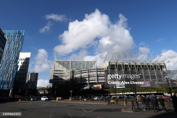 General view outside the stadium prior to the Premier League match between Newcastle United and Burnley FC at St. James Park on February 29, 2020 in...