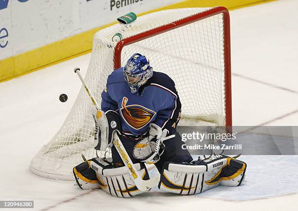 Atlanta goalie Kari Lehtonen makes a save during the game between the Atlanta Thrashers and the New Jersey Devils at the Philips Arena in Atlanta, GA...