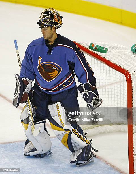 Atlanta Thrashers goalie Johan Hedberg during the game between the Atlanta Thrashers and the Ottawa Senators at Philips Arena in Atlanta, Georgia on...