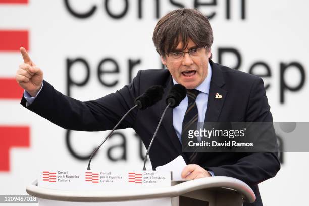 Carles Puigdemont, former Catalan President and Member of the European Parliament speaks to his supporters during a rally on February 29, 2020 in...