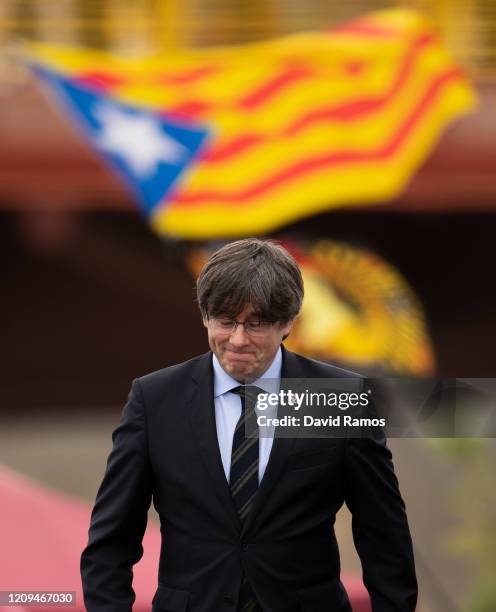 Carles Puigdemont, former Catalan President and Member of the European Parliament arrives at a rally on February 29, 2020 in Perpignan, France. The...