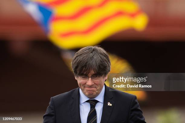 Carles Puigdemont, former Catalan President and Member of the European Parliament arrives at a rally on February 29, 2020 in Perpignan, France. The...