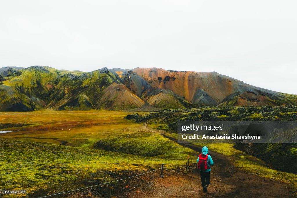 De wandelaar die van de vrouw het schilderachtige kleurrijke berglandschap in IJsland onderzoekt