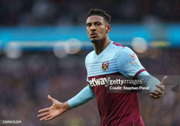 Sebastien Haller of West Ham United celebrates after scoring his sides second gaol during the Premier League match between West Ham United and...