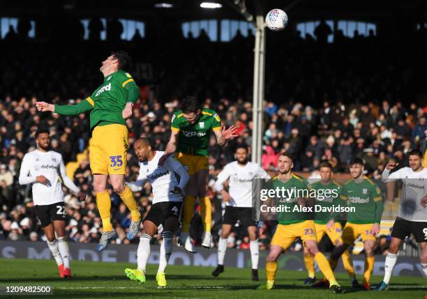 David Nugent of Preston North End scores an own goal as Fulham score their first goal during the Sky Bet Championship match between Fulham and...