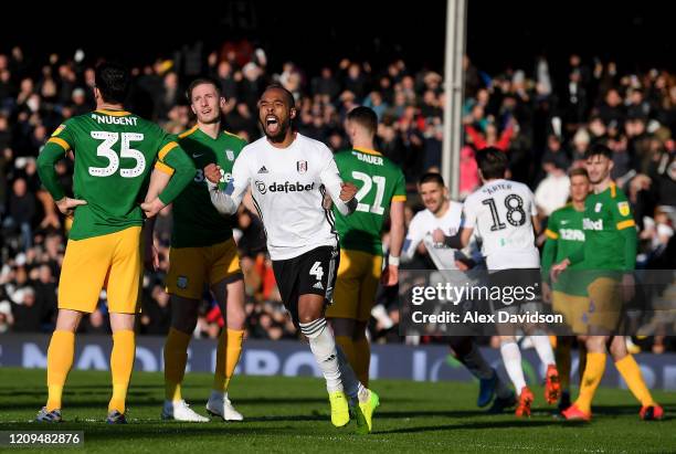 Denis Odoi of Fulham celebrates his sides first goal, an own goal scored by David Nugent of Preston North End during the Sky Bet Championship match...