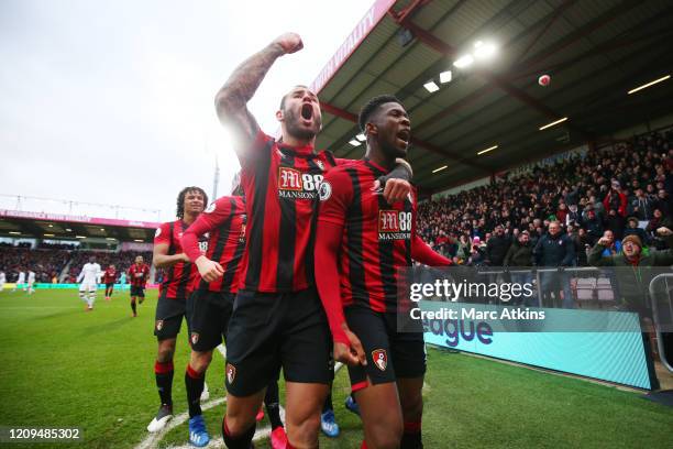 Jefferson Lerma of AFC Bournemouth celebrates after scoring his team's first goal during the Premier League match between AFC Bournemouth and Chelsea...