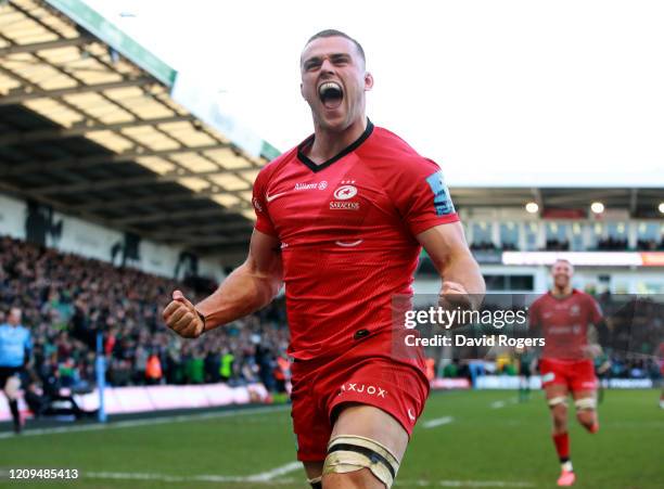 Ben Earl of Saracens celebrates after soring a try during the Gallagher Premiership Rugby match between Northampton Saints and Saracens at Franklin's...