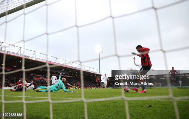 Joshua King of AFC Bournemouth scores his sides second gaol during the Premier League match between AFC Bournemouth and Chelsea FC at Vitality...