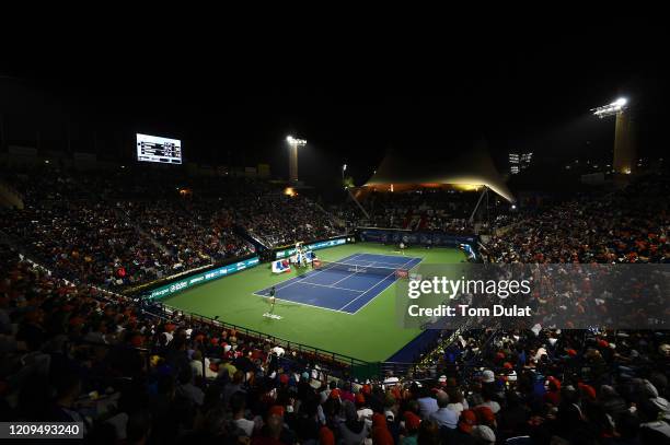 General view of action during the men's final match between Novak Djokovic of Serbia and Stefanos Tsitsipas of Greece on Day 13 of the Dubai Duty...