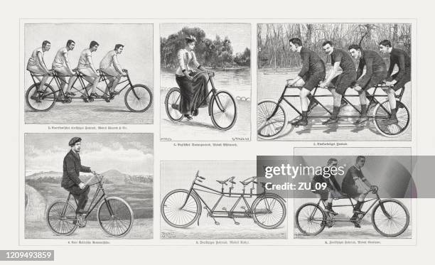 stockillustraties, clipart, cartoons en iconen met historische fietsen, houtgravures, gepubliceerd in 1895 - tandem positie